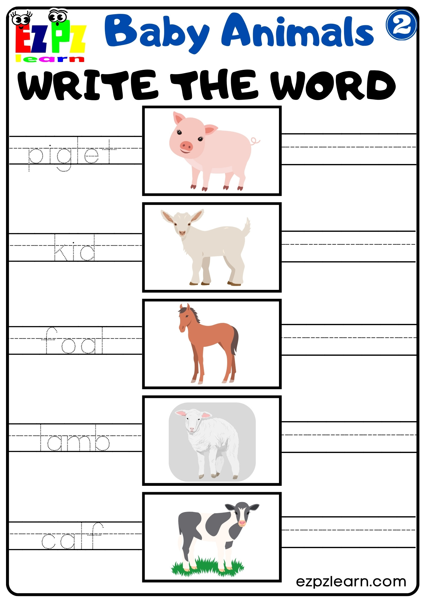 Baby Animals Vocabulary Write the Words Activity for English Language Learners, Preschool and Kindergarten Students Free Download 2